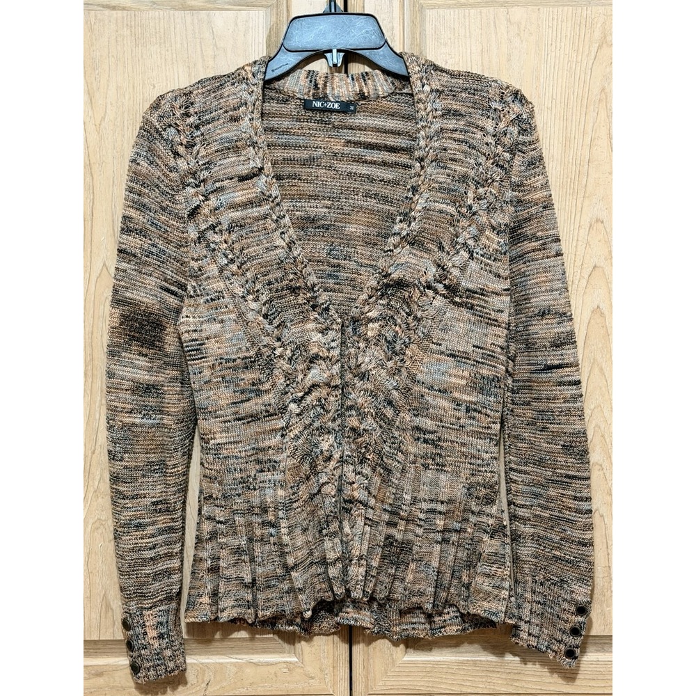 NIC+ZOE Multicolor Textured Knit V Neck Cardigan Sweater Women's M Braided Trim - Picture 2 of 16